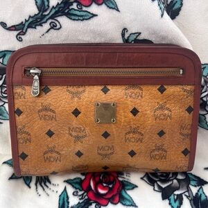 Vintage MCM Visetos Cognac Logogram Clutch Bag Pouch